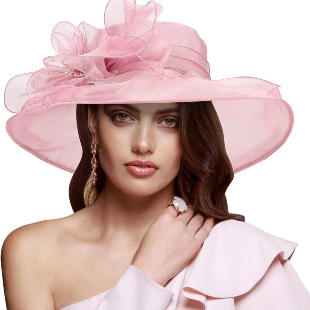 Women Organza Hat Church Cap Bridal Flower Wide Brim Tea Party Wedding